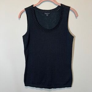 Lafayette 148 New York Black 100% Cotton Knit Tank Top Crochet Neck Small
